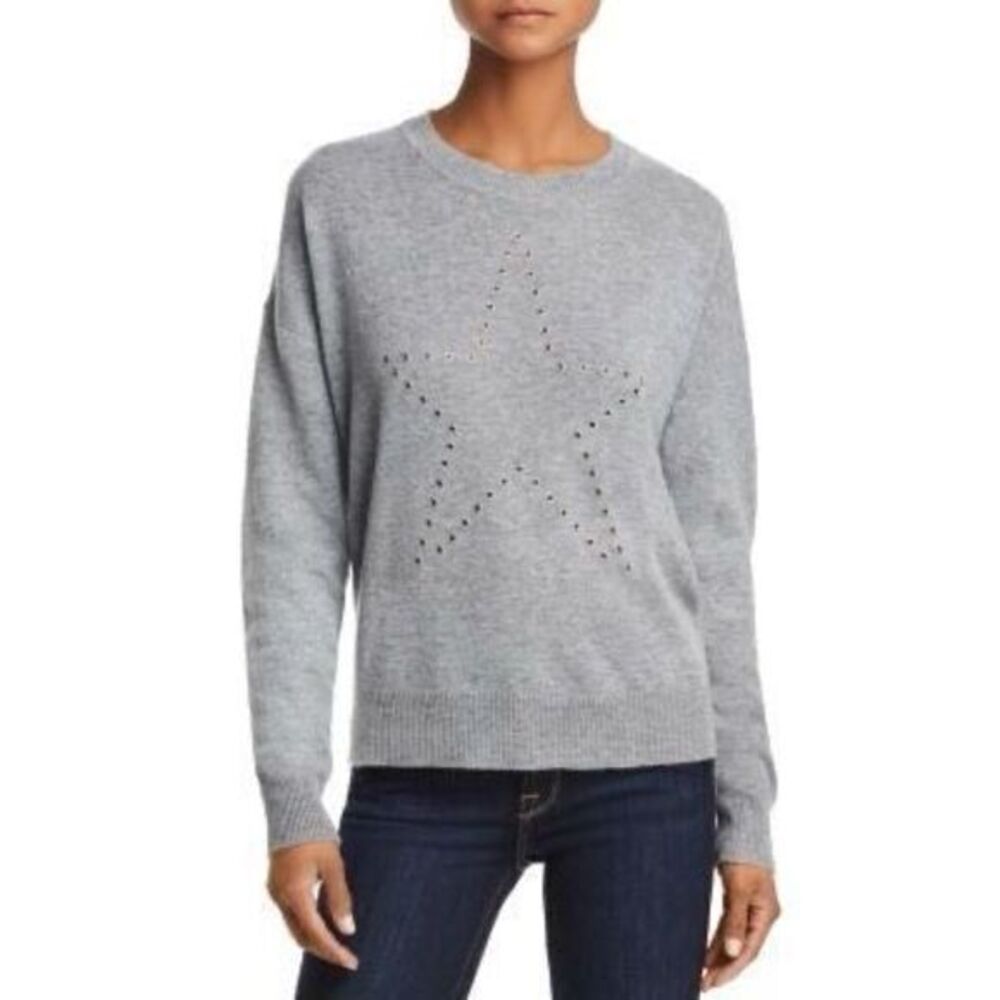 AQUA Cashmere Grommet Star Studded Gray Knit Sweater - 100%
